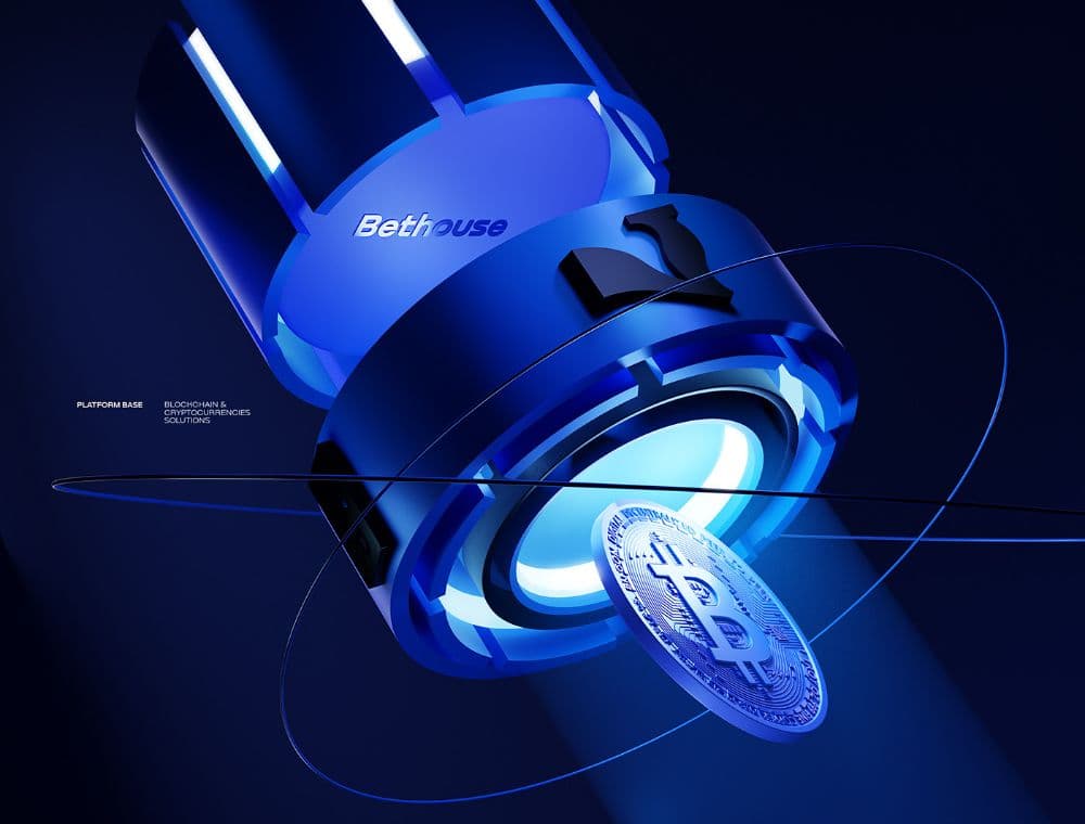 Bitcoin coin orbiting a stylised mining rig